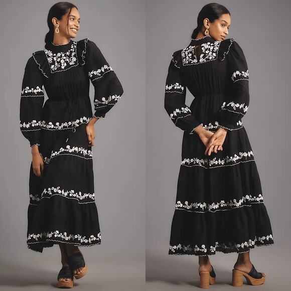 NWT Farm Rio Flower Embroidery Long Sleeve Maxi Dress in Black Size Medium - Picture 1 of 12